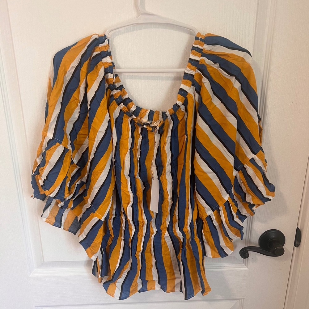 La'Ven Striped Off Shoulder‎ Top Ruffle Hem Flowy Blouse Yellow Blue Size Medium